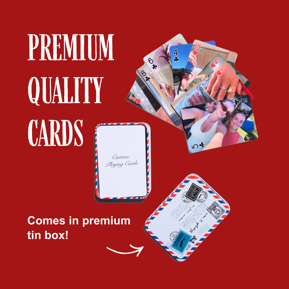 Personalised photo playing cards with the printed tin box and named back design