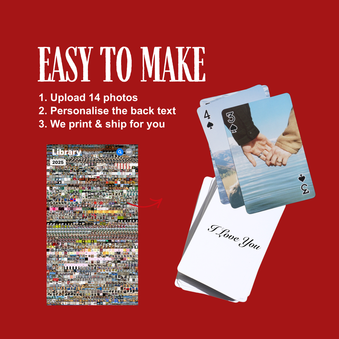 How Mimies photo playing cards are made: send 14 photos, name the deck, we design, print and ship