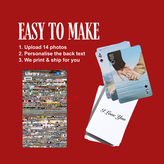 How Mimies photo playing cards are made: send 14 photos, name the deck, we design, print and ship