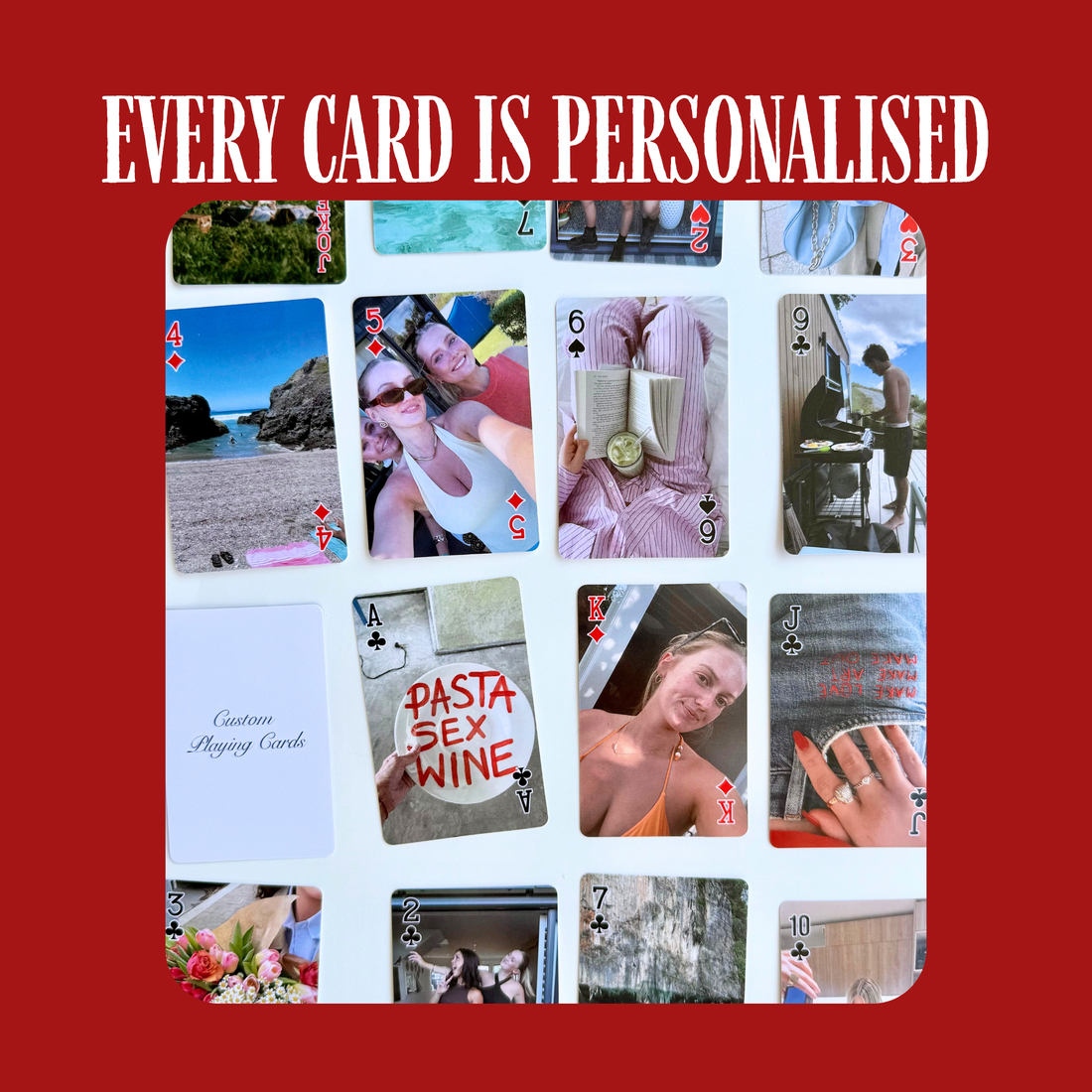 Grid of personalised playing cards, each card a different photo from a couple's trip