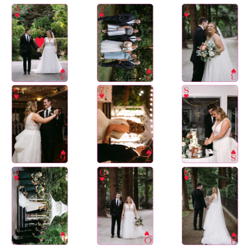 Photo playing cards printed with wedding photos, nine cards laid out