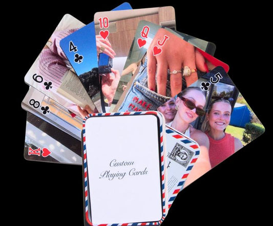 Fanned deck of custom photo playing cards with its tin, a Christmas gift for a partner
